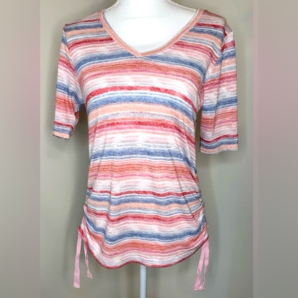 Democracy Tops - Democracy Womens Short Sleeve V-Neck Stripe Ruched Top Size Small